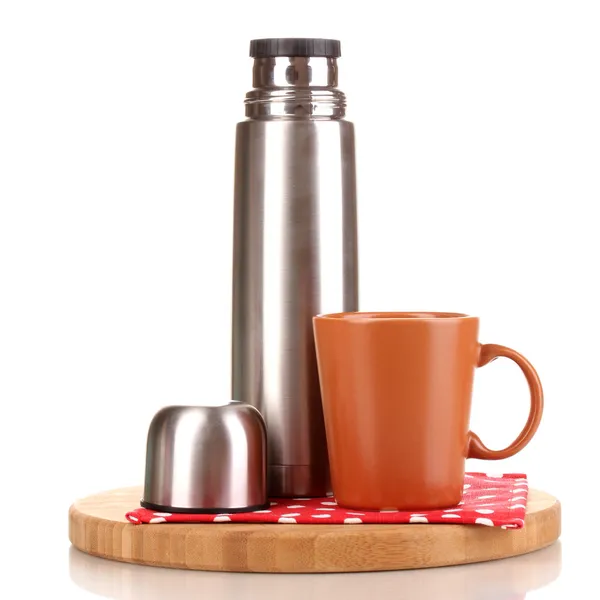 Metal thermos with cup on wooden board isolated on white — Stock Photo, Image