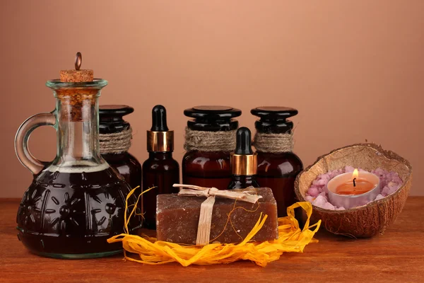 Ingredients for soap making on brown background — Stock Photo, Image