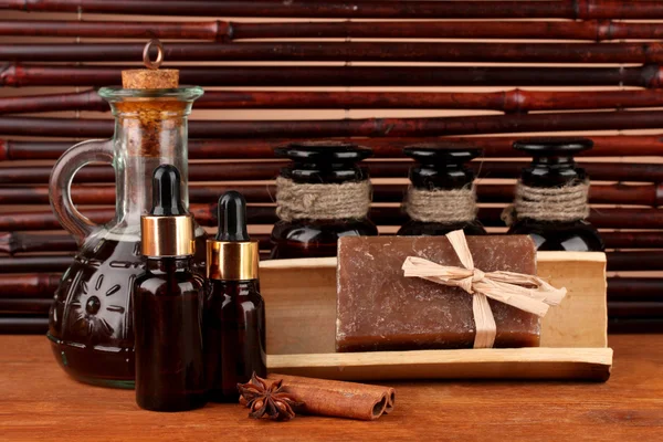 Ingredients for soap making on brown background — Stock Photo, Image