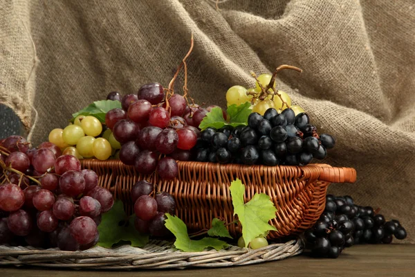 Assortment of ripe sweet grapes in basket, on burlap background — Stock Photo, Image