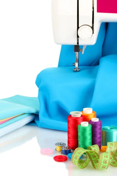 Sewing machine and fabric isolated on white — Stock Photo, Image