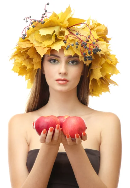 Beautiful young woman with yellow autumn wreath and apples, isolated on white — Stock Photo, Image