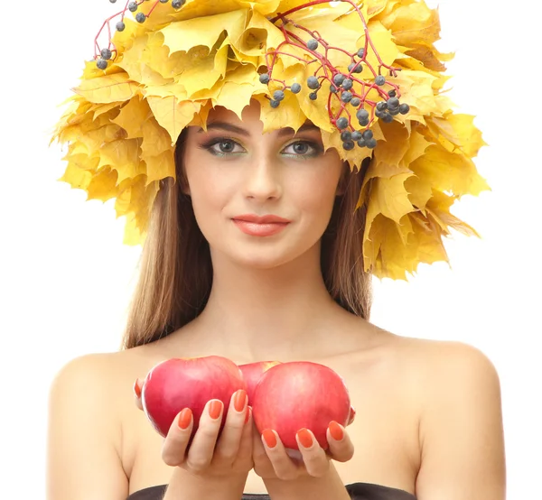 Beautiful young woman with yellow autumn wreath and apples, isolated on white — Stock Photo, Image