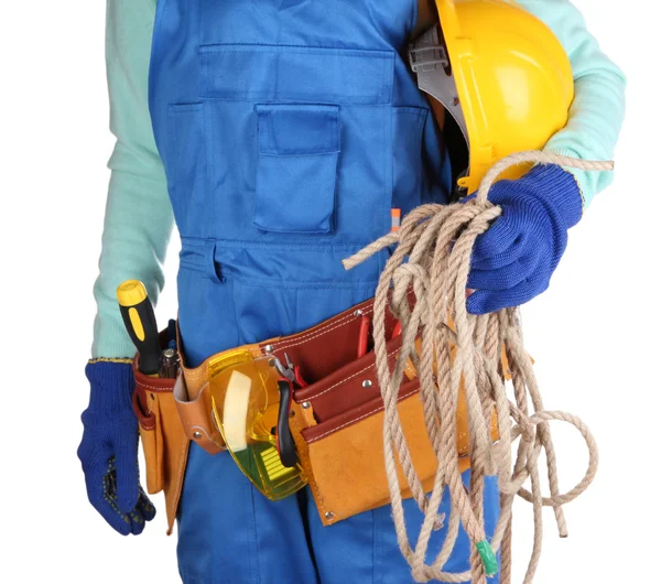 Costruttore maschio in tuta blu con corda e casco isolato su bianco — Foto Stock