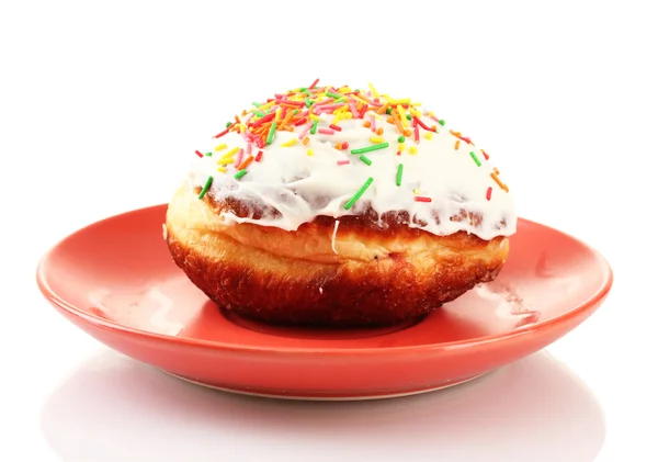 Tasty donut on color plate isolated on white — Stock Photo, Image