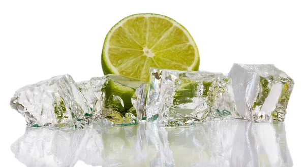 Ice cubes with lime isolated on white — Stock Photo, Image