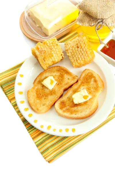 White bread toastwith honey on plate, isolated on white — Stock Photo, Image