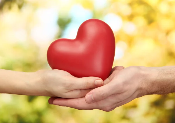 Red heart in woman and man hands, on green background — Stock Photo, Image