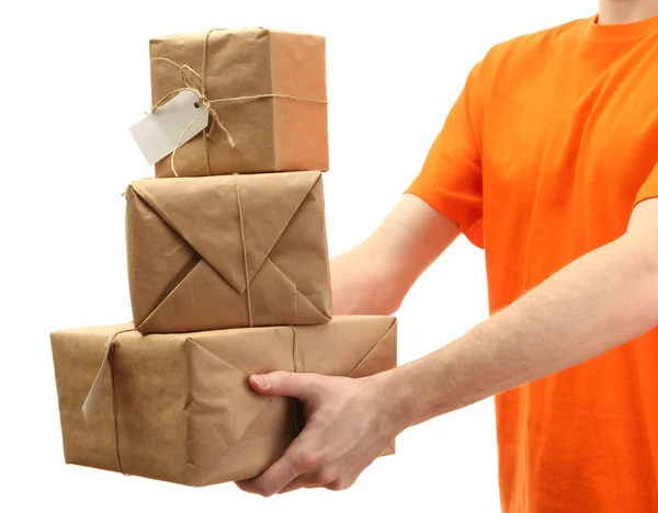 Courier met perceel dozen, geïsoleerd op wit — Stockfoto