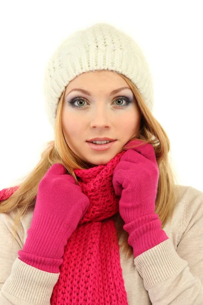 Young beautiful woman wearing winter clothing, isolated on white — Stock Photo, Image