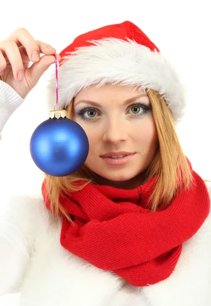 Attractive young woman holding Christmas ball isolated on white — Stock Photo, Image