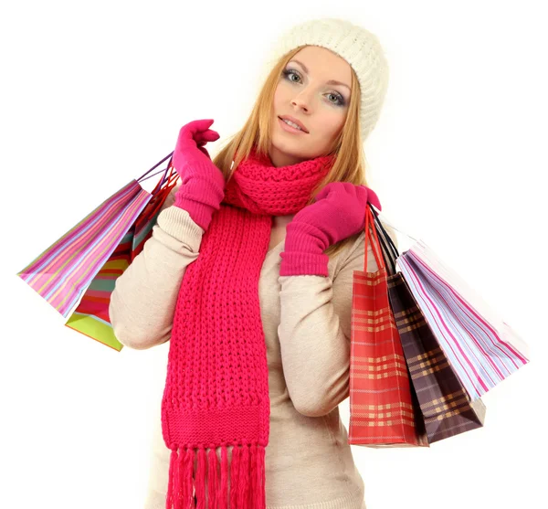 Attrayant jeune femme femme avec beaucoup de sacs à provisions, isolé sur blanc — Photo