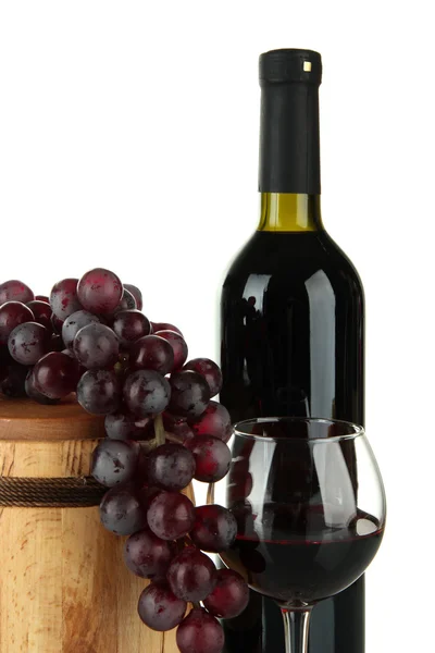 Composition of wine,wooden barrel and grapes isolated on white — Stock Photo, Image