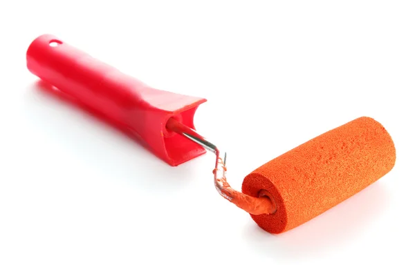Roller with orange paint isolated on white — Stock Photo, Image