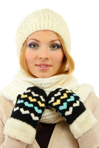Jovem mulher bonita vestindo roupas de inverno, isolado em branco Fotografia De Stock