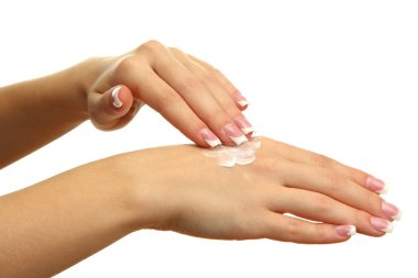 güzel kadın el kremi, üzerinde beyaz izole