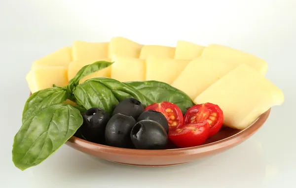 Gesneden mozzarella kaas met groenten in de plaat geïsoleerd op wit — Stockfoto