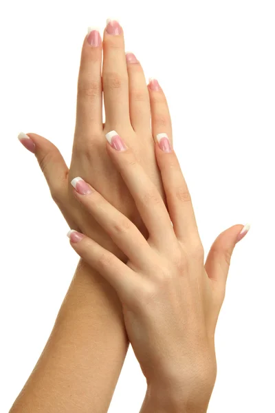 Hermosas manos de mujer con manicura francesa, aisladas en blanco —  Fotos de Stock