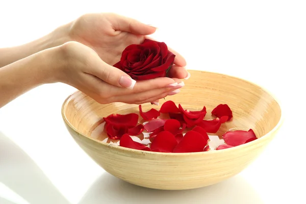 Mani di donna con ciotola di legno di acqua con petali, isolato su bianco — Foto Stock