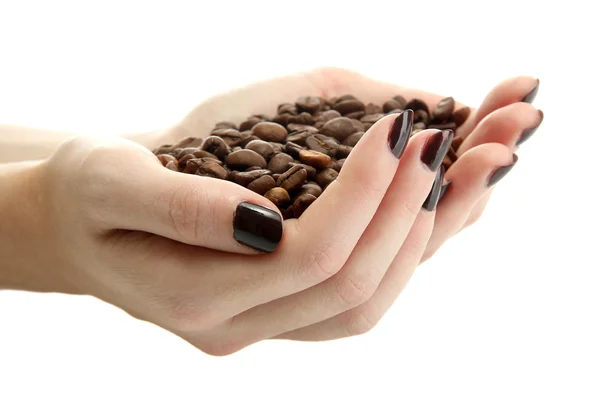 Female hands with coffee beans, isolated on white — Stock Photo, Image