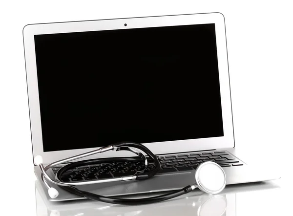 Silver notebook with a stethoscope isolated on white — Stock Photo, Image