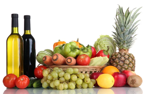 Composition with vegetables and fruits in wicker basket isolated on white — Stock Photo, Image