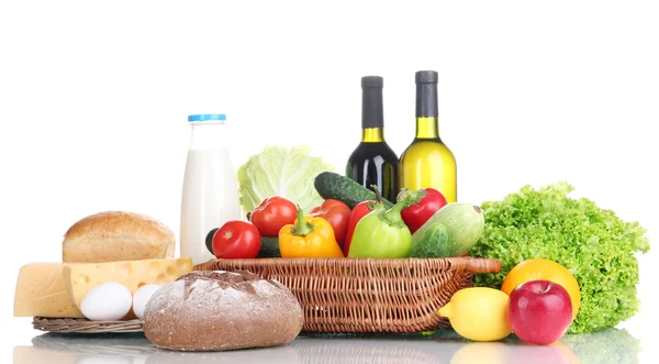 Composition with vegetables and fruits in wicker basket isolated on white — Stock Photo, Image