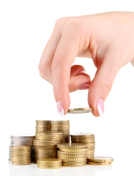 Mano de mujer con monedas, de cerca — Foto de Stock