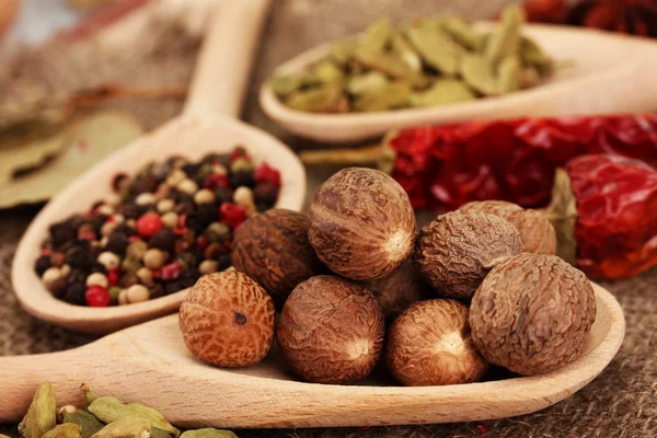 Nutmeg and other spices on sackcloth background — Stock Photo, Image