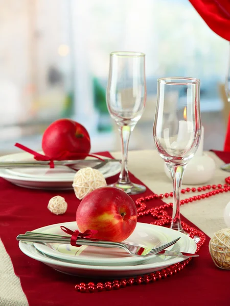 Beautiful holiday table setting with apples, close up — Stock Photo, Image