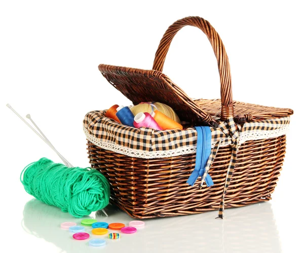 Wicker basket with accessories for needlework isolated on white — Stock Photo, Image