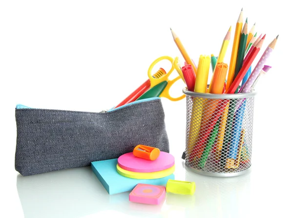 Pencil box with school equipment isolated on white — Stock Photo, Image