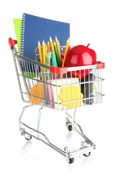 Trolley with school equipment and apple isolated on white — Stock Photo, Image