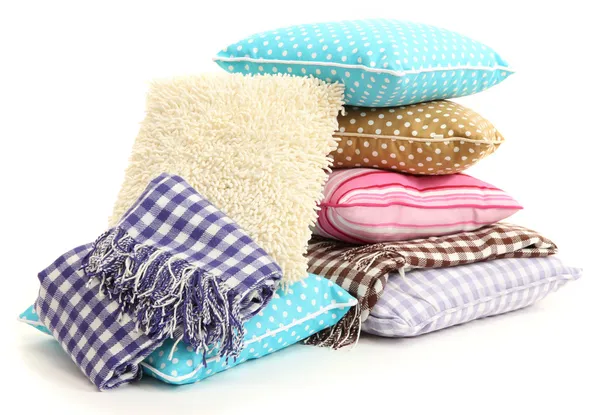 Hill colorful pillows and plaids isolated on white — Stock Photo, Image