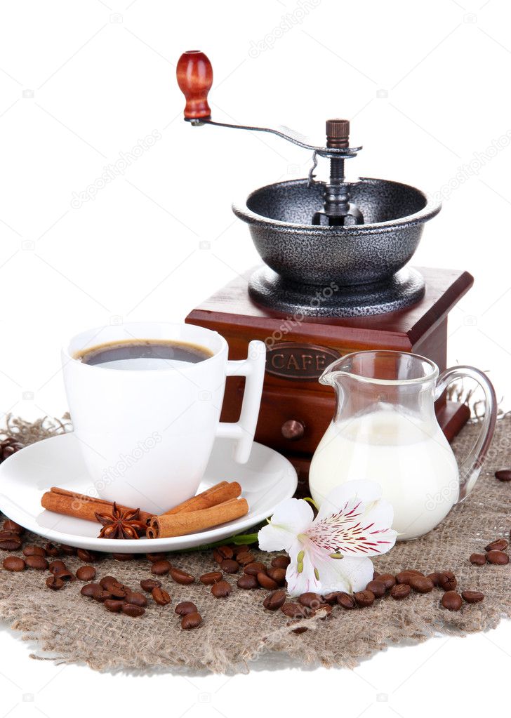 White cup of Turkish coffee with milk and coffee mill isolated on white