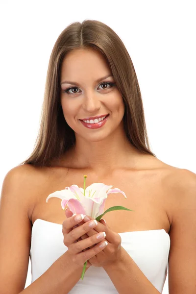 Vacker ung kvinna med lily, isolerad på vit — Stockfoto