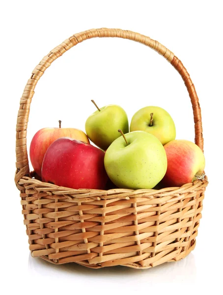 Juicy apples in basket, isolated on white — Stock Photo, Image