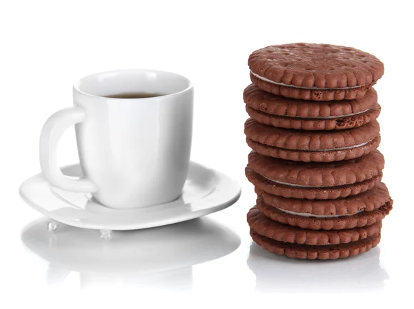 Chocolate cookies with creamy layer and cup of coffe isolated on white — Stock Photo, Image