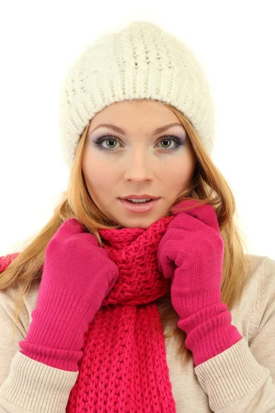 Junge schöne Frau in Winterkleidung, isoliert auf weiß — Stockfoto