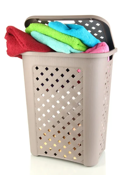 Beige laundry basket isolated on white — Stok fotoğraf