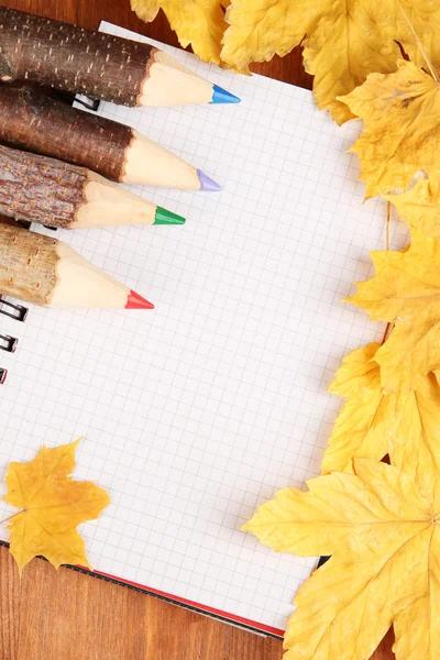 Colorful wooden pencils with autumn leafs on wooden table — Stock Photo, Image