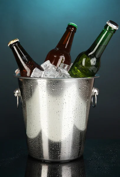 Botellas de cerveza en cubo de hielo sobre fondo azul darck — Foto de Stock