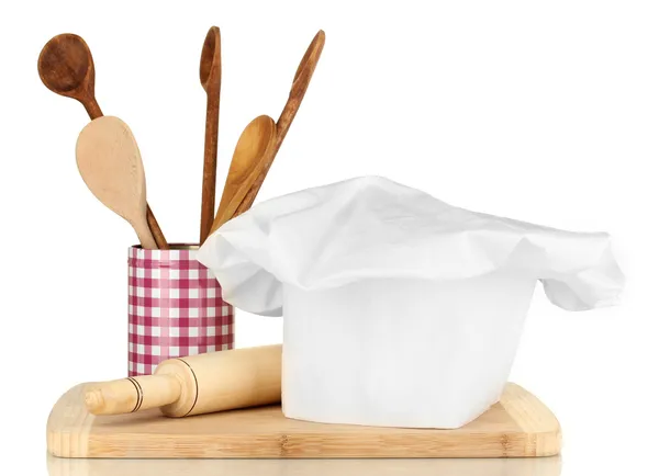 Šéfkuchařské čepice s lžíce a battledore izolované na bílém — Stock fotografie