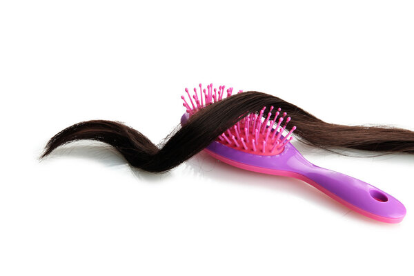comb brush with hair, isolated on white