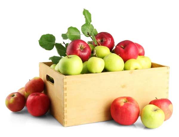 Juicy apples with green leaves in wooden crate, isolated on white Royalty Free Stock Photos