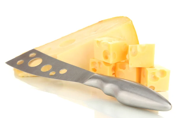 Cut cheese with knife isolated on white Stock Image