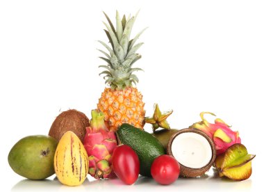 egzotik meyveler üzerinde beyaz izole bileşimi