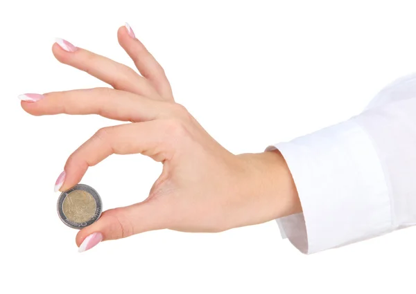 Žena ruku s euro mince, izolované na bílém — Stock fotografie