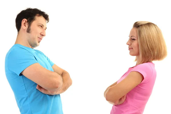 Young couple quarreling isolated on white — Stock Photo, Image