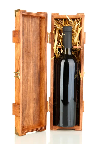 Houten koffer met fles wijn geïsoleerd op wit — Stockfoto